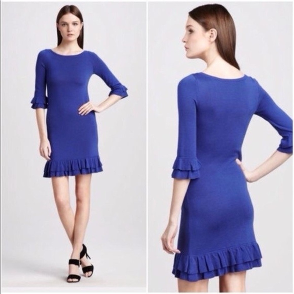 Lilly Pulitzer Merino Wool Helena Blue Ruffle Hem Dress. XS